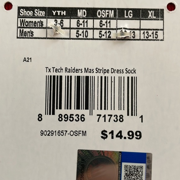 FBF Originals Texas Tech Raiders Mas Stripe Dress Sock OSFM - Picture 4 of 4